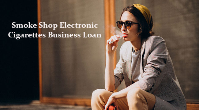 Woman smoking an electronic cigarette in front of a smoke shop