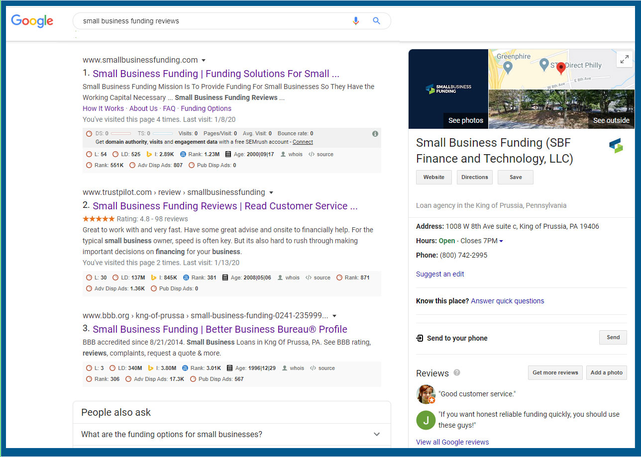 Screen shot for Google search on Small Business Funding reviews