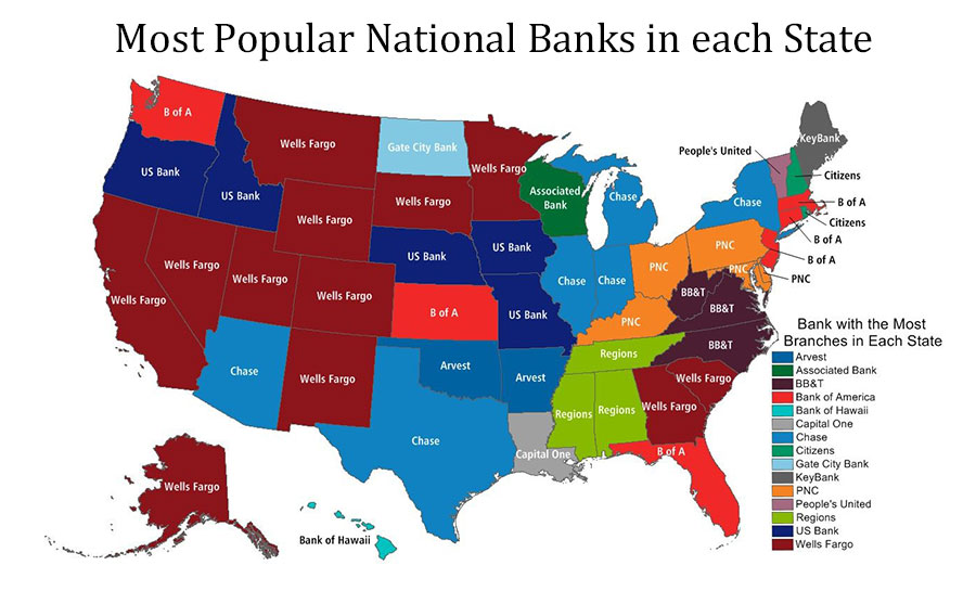 Map of the USA showing most popular banks by each State